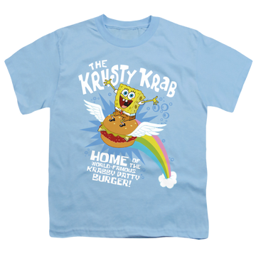 Light blue youth t-shirt for ages 8 to 12 with SpongeBob SquarePants Burger Rider graphic