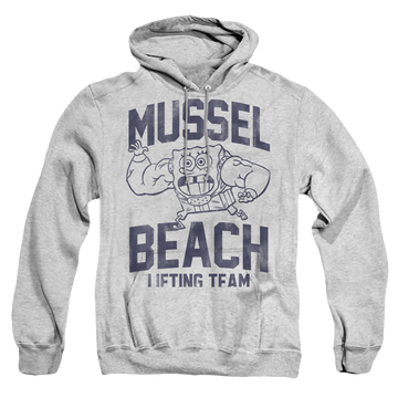 Athletic heather pullover hoodie with SpongeBob SquarePants Mussle Beach Lifting Team graphic