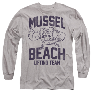 Athletic heather men's long sleeve t-shirt with SpongeBob SquarePants Mussle Beach Lifting Team graphic
