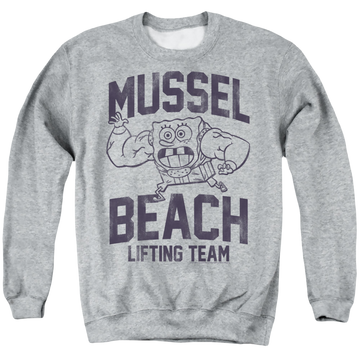 Athletic heather men's crewneck sweatshirt with SpongeBob SquarePants Mussle Beach Lifting Team graphic