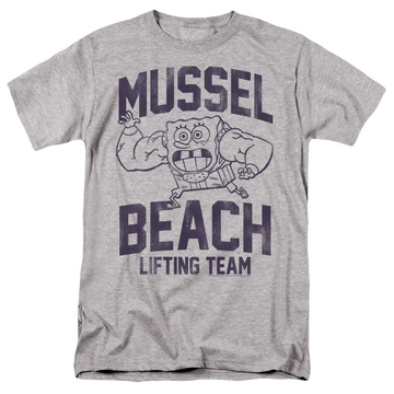Athletic heather men's regular fit t-shirt with SpongeBob SquarePants Mussle Beach Lifting Team graphic