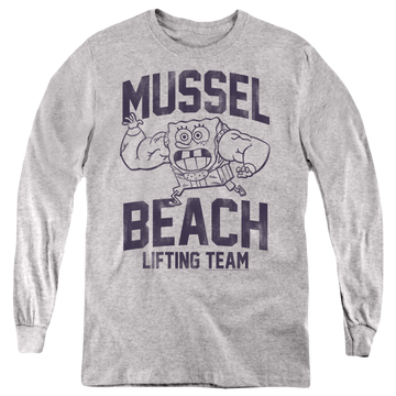 Athletic heather youth long sleeve t-shirt with SpongeBob SquarePants Mussle Beach Lifting Team graphic