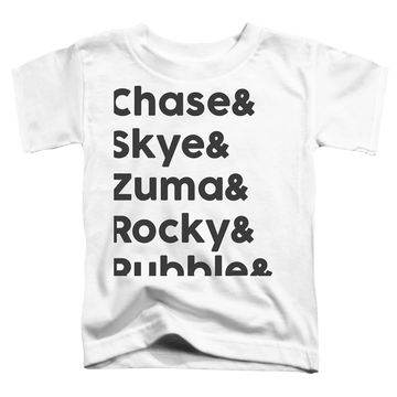 White toddler t-shirt with Paw Patrol Roll Call graphic