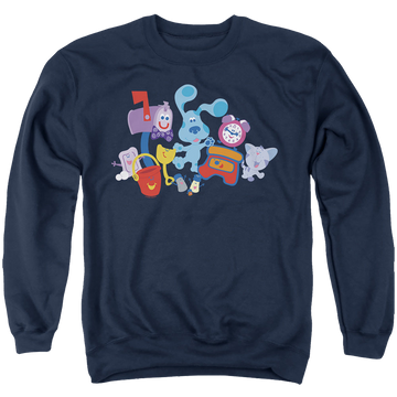 Navy men's crewneck sweatshirt with Blue's Clues Friend Party graphic