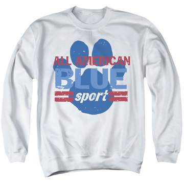 White men's crewneck sweatshirt with Blue's Clues All American Sport graphic