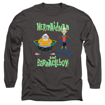 Charcoal men's long sleeve t-shirt with SpongeBob SquarePants Mermaid Man And Barnacle Boy graphic
