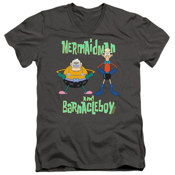 Charcoal men's v-neck t-shirt with SpongeBob SquarePants Mermaid Man And Barnacle Boy graphic
