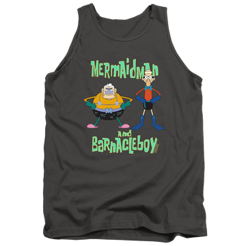 Charcoal men's tank with SpongeBob SquarePants Mermaid Man And Barnacle Boy graphic