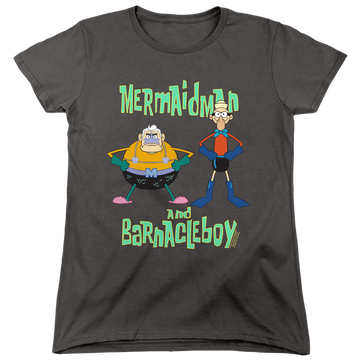 Charcoal women's t-shirt with SpongeBob SquarePants Mermaid Man And Barnacle Boy graphic
