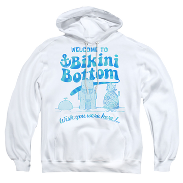 White pullover hoodie with SpongeBob SquarePants Bikini Bottom Welcome graphic
