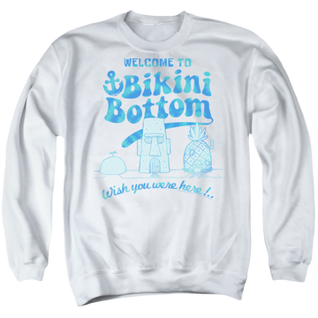 White men's crewneck sweatshirt with SpongeBob SquarePants Bikini Bottom Welcome graphic
