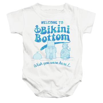 White baby bodysuit with SpongeBob SquarePants Bikini Bottom Welcome graphic