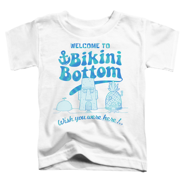 White toddler t-shirt with SpongeBob SquarePants Bikini Bottom Welcome graphic