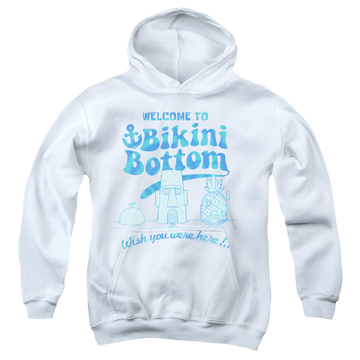 White youth hoodie for ages 8 to 12 with SpongeBob SquarePants Bikini Bottom Welcome graphic