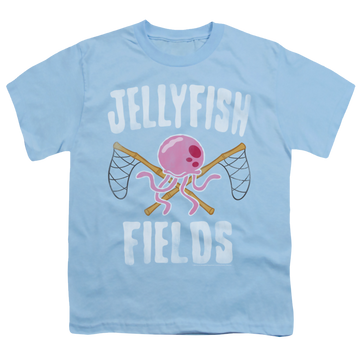 Light blue youth t-shirt for ages 8 to 12 with SpongeBob SquarePants Jellyfish Fields graphic