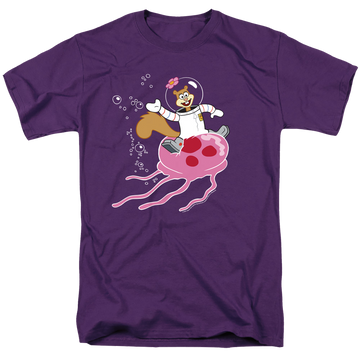 Purple men's regular fit t-shirt with SpongeBob SquarePants Sandy Rides The Jellyfish graphic