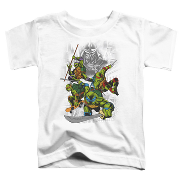 White toddler t-shirt with Teenage Mutant Ninja Turtles Shredder And Turtles Comic graphic