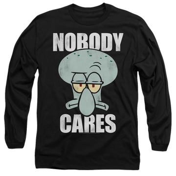 Black men's long sleeve t-shirt with SpongeBob SquarePants Nobody Cares Meme graphic