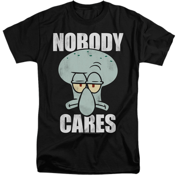 Black men's tall fit t-shirt with SpongeBob SquarePants Nobody Cares Meme graphic
