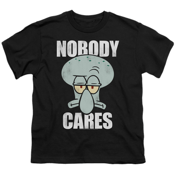 Black youth t-shirt for ages 8 to 12 with SpongeBob SquarePants Nobody Cares Meme graphic