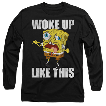 Black men's long sleeve t-shirt with SpongeBob SquarePants Woke Up Like This Meme graphic