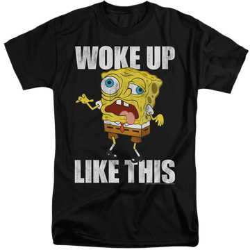 Black men's tall fit t-shirt with SpongeBob SquarePants Woke Up Like This Meme graphic