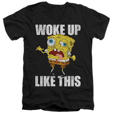 Black men's v-neck t-shirt with SpongeBob SquarePants Woke Up Like This Meme graphic