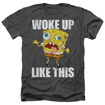 Black men's heather t-shirt with SpongeBob SquarePants Woke Up Like This Meme graphic