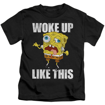 Black kid's t-shirt for ages 4 to 7 with SpongeBob SquarePants Woke Up Like This Meme graphic