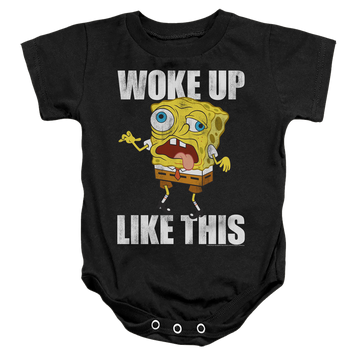 Black baby bodysuit with SpongeBob SquarePants Woke Up Like This Meme graphic