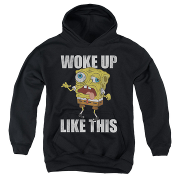 Black youth hoodie for ages 8 to 12 with SpongeBob SquarePants Woke Up Like This Meme graphic