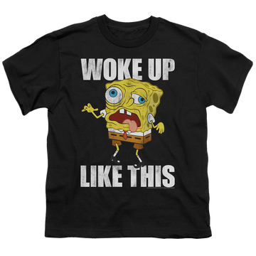 Black youth t-shirt for ages 8 to 12 with SpongeBob SquarePants Woke Up Like This Meme graphic