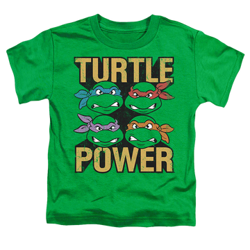 Kelly green kid's t-shirt for ages 4 to 7 with Teenage Mutant Ninja Turtles Turtle Power graphic