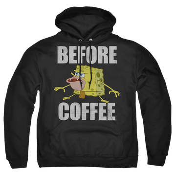 Black pullover hoodie with SpongeBob SquarePants Before Coffee Meme graphic