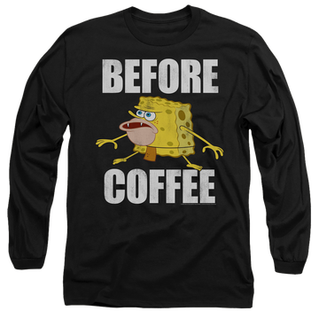 Black men's long sleeve t-shirt with SpongeBob SquarePants Before Coffee Meme graphic