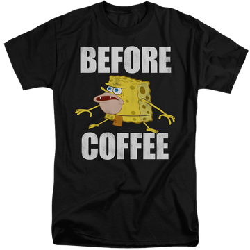 Black men's tall fit t-shirt with SpongeBob SquarePants Before Coffee Meme graphic