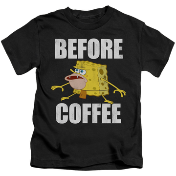Black kid's t-shirt for ages 4 to 7 with SpongeBob SquarePants Before Coffee Meme graphic