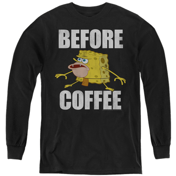 Black youth long sleeve t-shirt with SpongeBob SquarePants Before Coffee Meme graphic