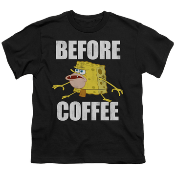 Black youth t-shirt for ages 8 to 12 with SpongeBob SquarePants Before Coffee Meme graphic
