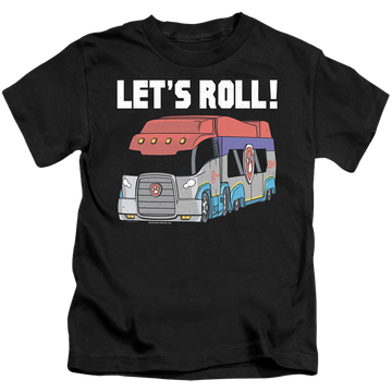Black kid's t-shirt for ages 4 to 7 with Paw Patrol Let's Roll graphic