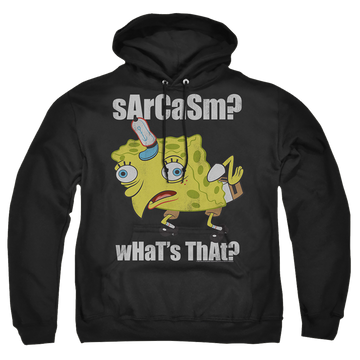 Black pullover hoodie with SpongeBob SquarePants Sarcasm Meme graphic