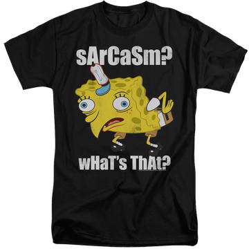 Black men's tall fit t-shirt with SpongeBob SquarePants Sarcasm Meme graphic