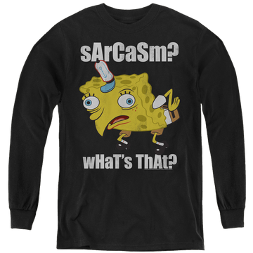 Black youth long sleeve t-shirt with SpongeBob SquarePants Sarcasm Meme graphic