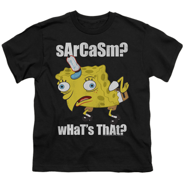 Black youth t-shirt for ages 8 to 12 with SpongeBob SquarePants Sarcasm Meme graphic