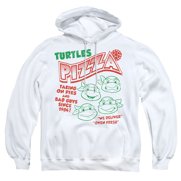 White pullover hoodie with Teenage Mutant Ninja Turtles Turtles Pizza graphic