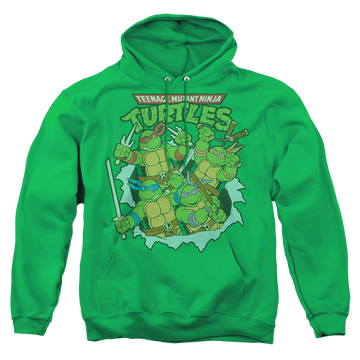 Kelly green pullover hoodie with Teenage Mutant Ninja Turtles Retro Group graphic