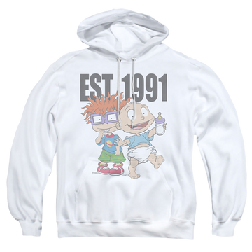 White pullover hoodie with Rugrats Est 1991 graphic