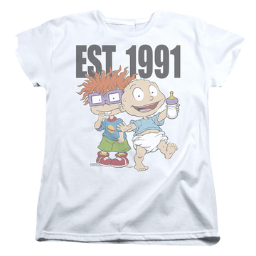 White women's t-shirt with Rugrats Est 1991 graphic