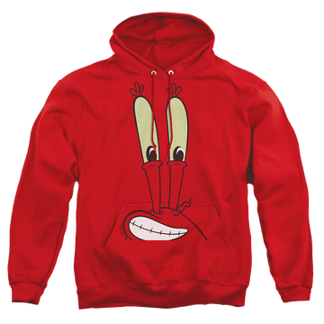 Red pullover hoodie with SpongeBob SquarePants Mr. Krabs Smile Face graphic