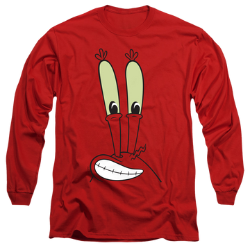 Red men's long sleeve t-shirt with SpongeBob SquarePants Mr. Krabs Smile Face graphic
